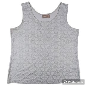 Chicos Tank Top Womens Sz 3(L)16-18 Gray W/ Silver Metallic Floral Design Shirt